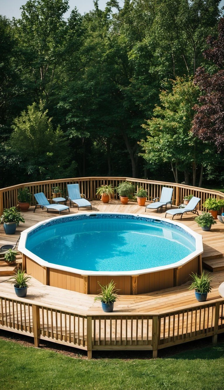 24 Inspiring Pool Deck Designs 6 A wooden deck surrounds a circular above-ground pool, with lounge chairs and potted plants scattered around the perimeter
