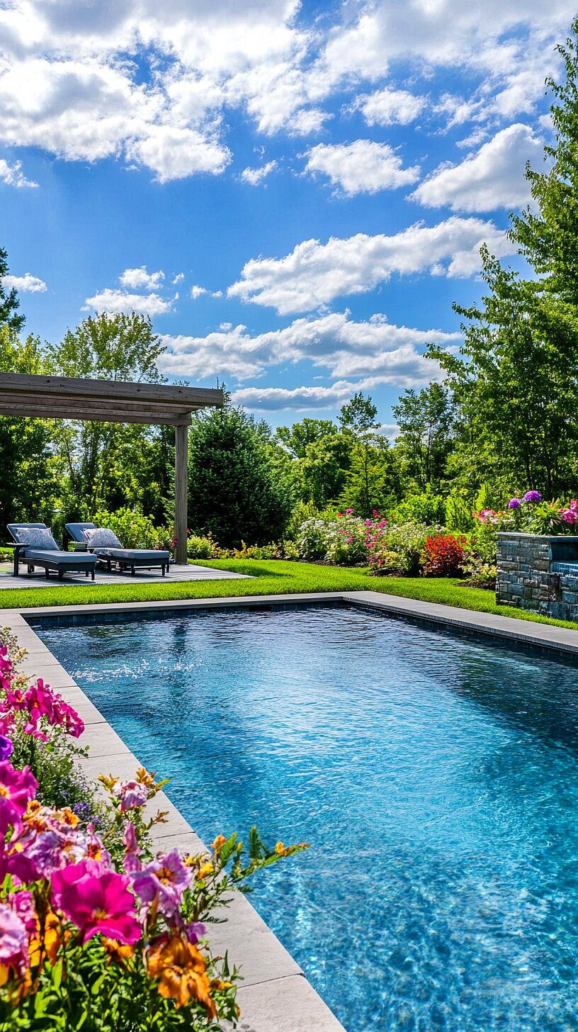 20+ Unique Above Ground Pool Ideas 2025 20 A clear blue swimming pool surrounded by vibrant flowers and lush greenery, with a pergola housing lounge chairs in the background. The partly cloudy sky with patches of blue serves as a serene backdrop, creating an oasis-like atmosphere in the backyard.