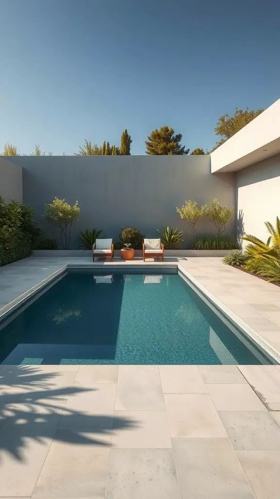 A modern backyard with a rectangular swimming pool surrounded by light-colored tile. Two lounge chairs are positioned at the far end, bordered by potted plants and greenery, under a clear blue sky.