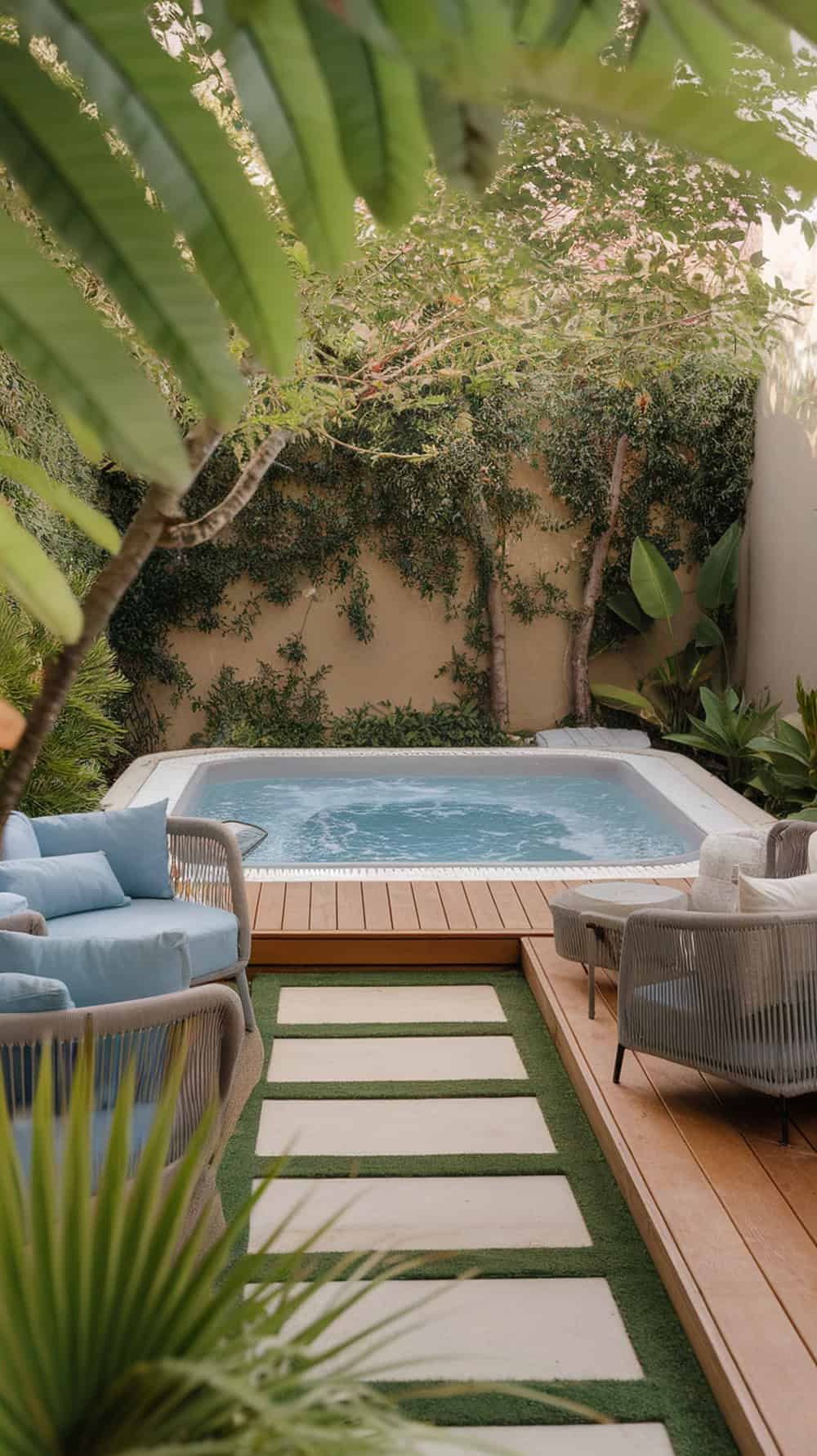 A small spa-pool combo in a lush backyard setting.