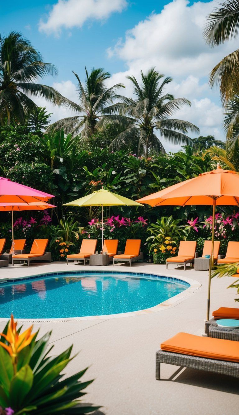 17 Creative Decorating Ideas 6 Brightly colored umbrellas and lounge chairs dot the pool deck, surrounded by lush greenery and vibrant tropical flowers. A lively atmosphere is created by the colorful decor and the sparkling blue water of the pool