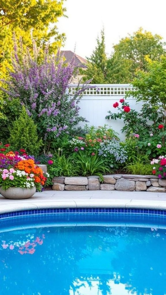 A beautiful garden with colorful flowers surrounding a swimming pool.