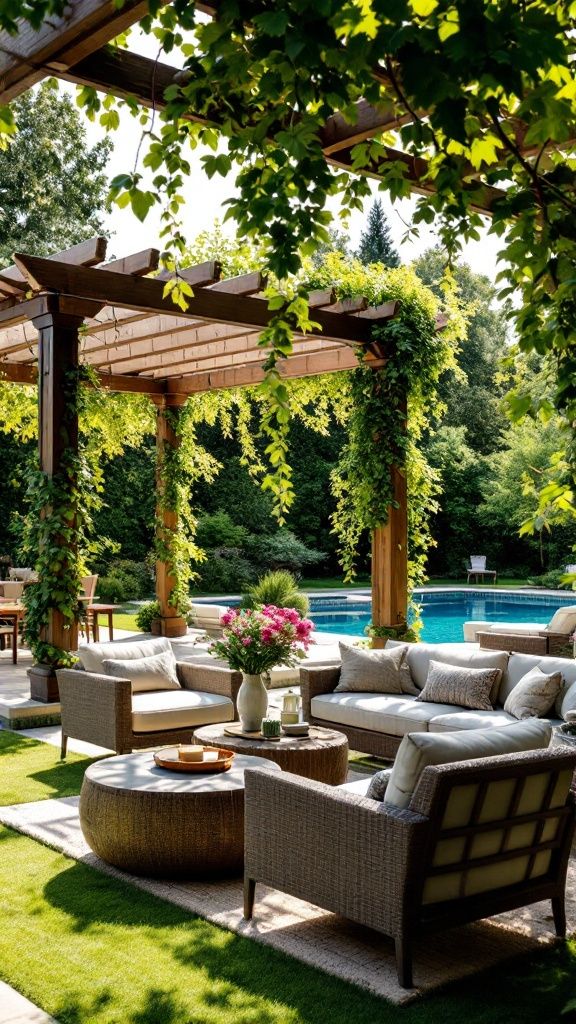 A beautiful outdoor seating area with a pergola covered in green vines, a pool in the background.