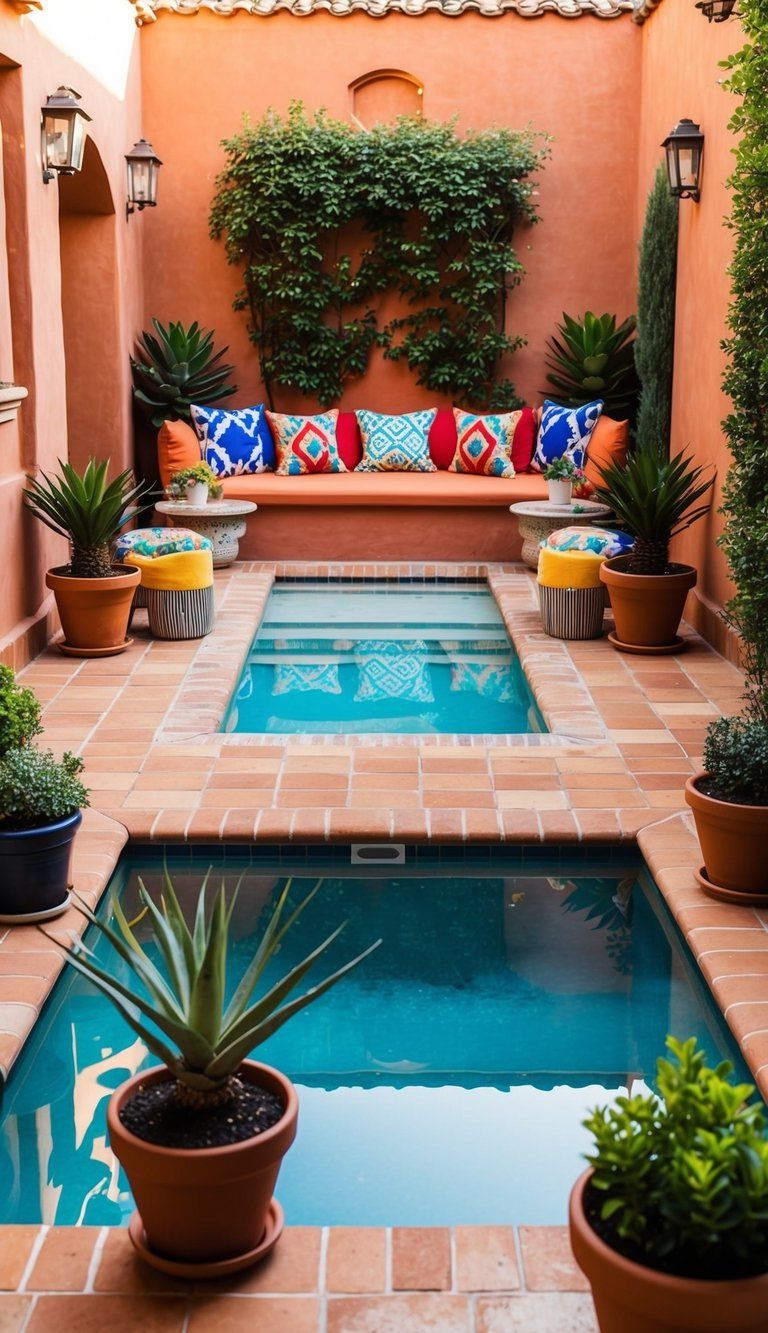 17 Creative Decorating Ideas 3 Terracotta tiles surround a vibrant pool, adorned with potted plants and colorful cushions, creating a Mediterranean-inspired oasis