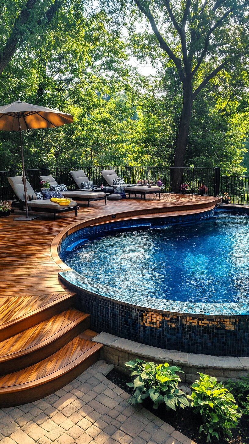 20+ Unique Above Ground Pool Ideas 2025 11 Luxurious outdoor oasis featuring a circular swimming pool surrounded by wooden deck chairs under an umbrella, with lush trees in the background creating a serene, natural atmosphere.
