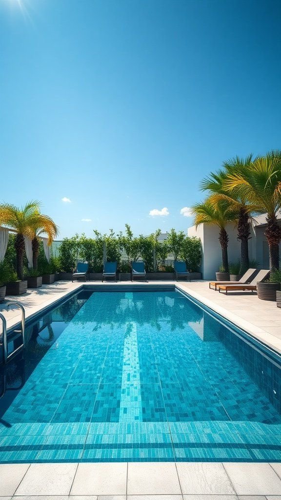A rectangular swimming pool with clear blue water, surrounded by palm trees and lounge chairs under a bright blue sky.