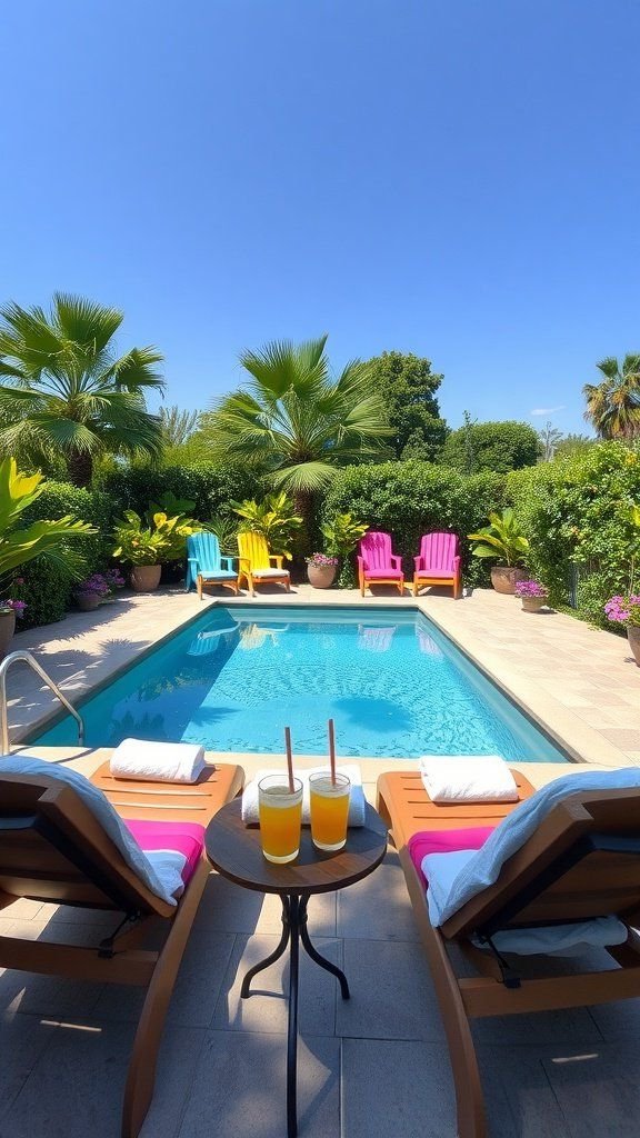 A 10ft rectangular pool surrounded by colorful lounge chairs and palm trees, with two drinks on a small table.