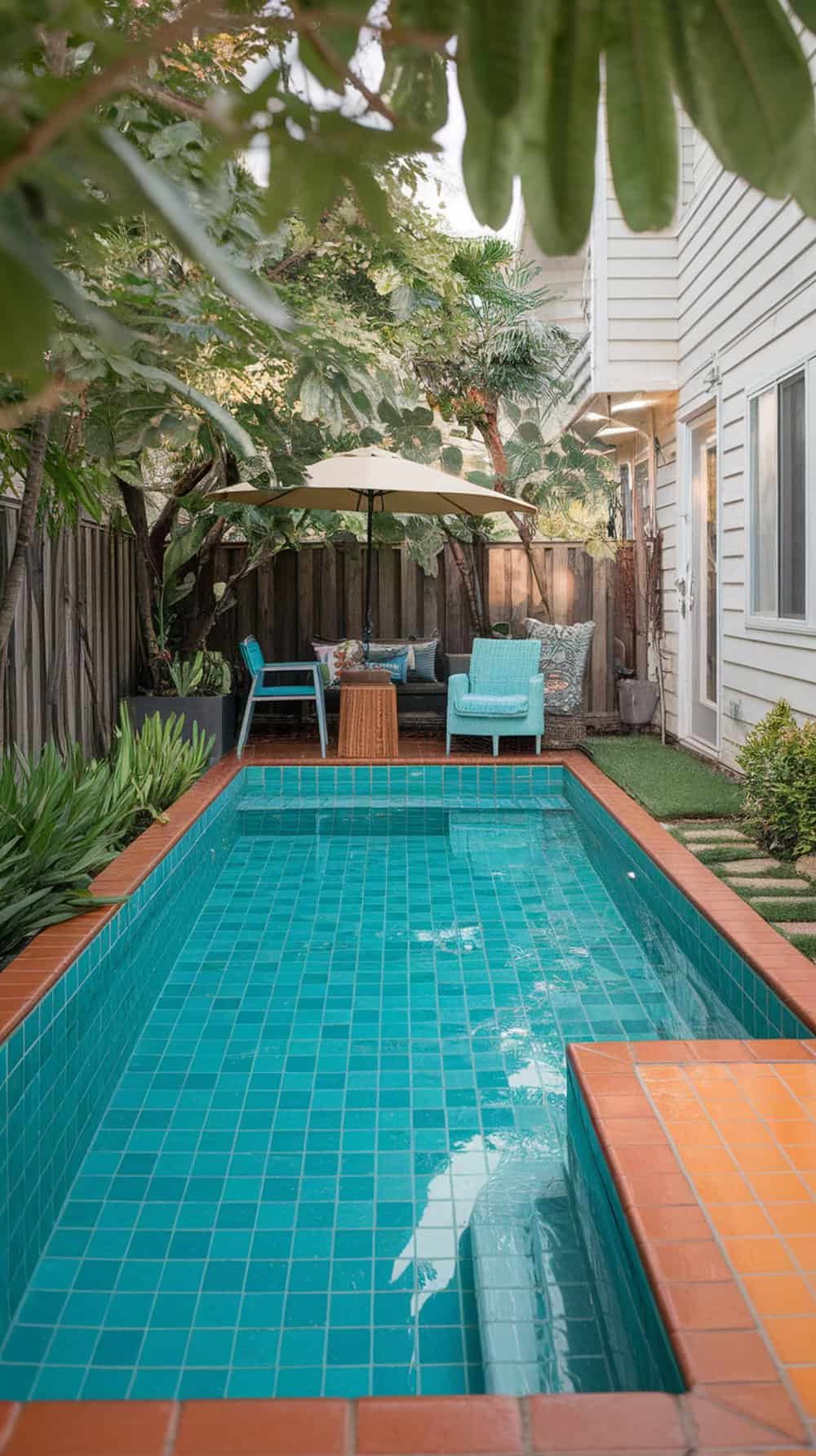 A small pool with bright blue tiles and orange accents, surrounded by plants and outdoor seating.