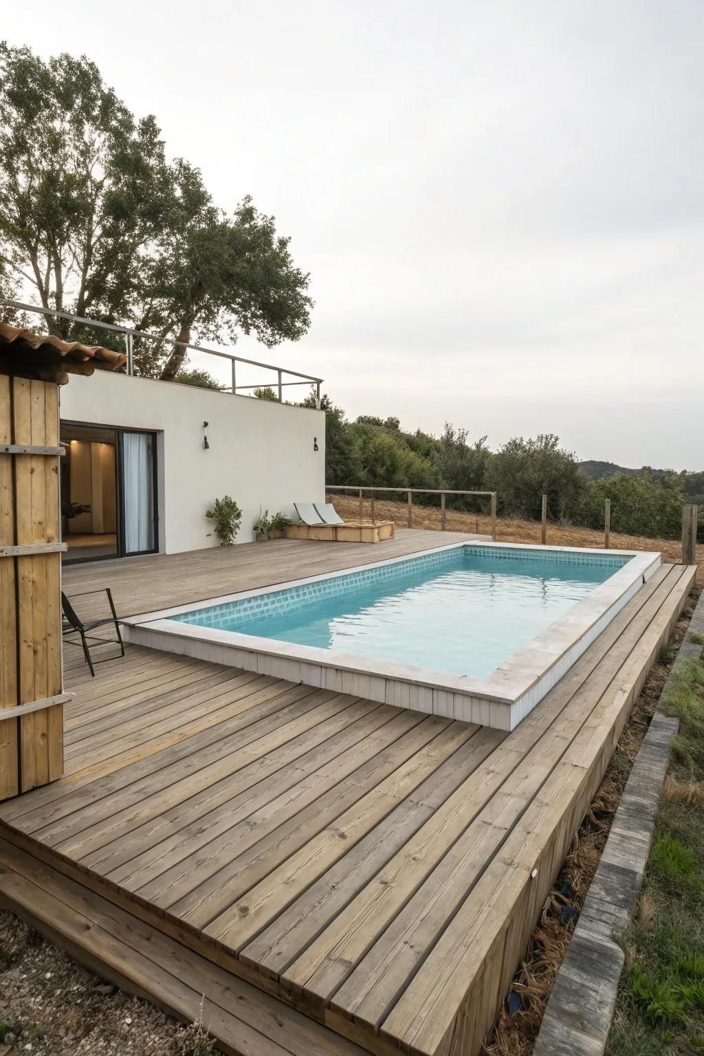 A simple wooden deck offers a timeless and budget-friendly solution for your above-ground pool.