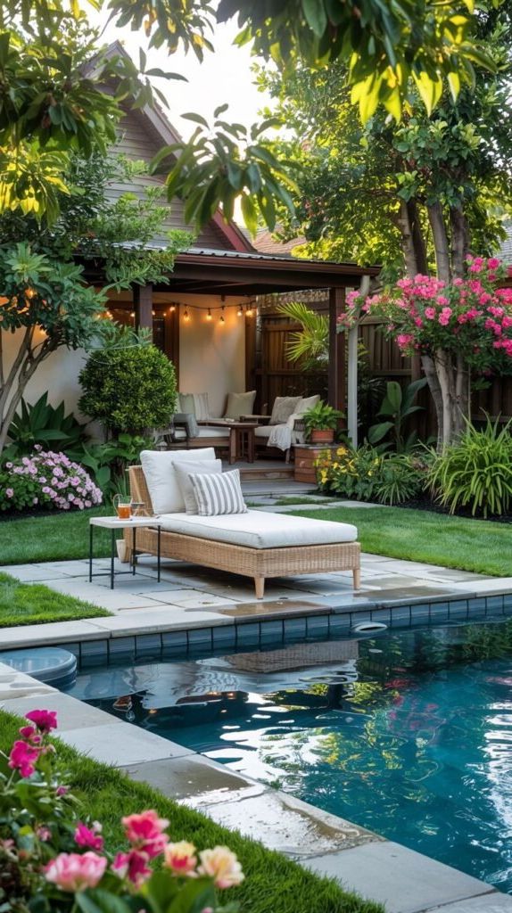 A rectangular pool is bordered by light-colored coping. In the foreground, pink roses bloom beside the pool edge. A cushioned chaise lounge is positioned on the patio. In the background, a covered patio area with string lights and seating is visible. Lush greenery and flowering bushes surround the area.