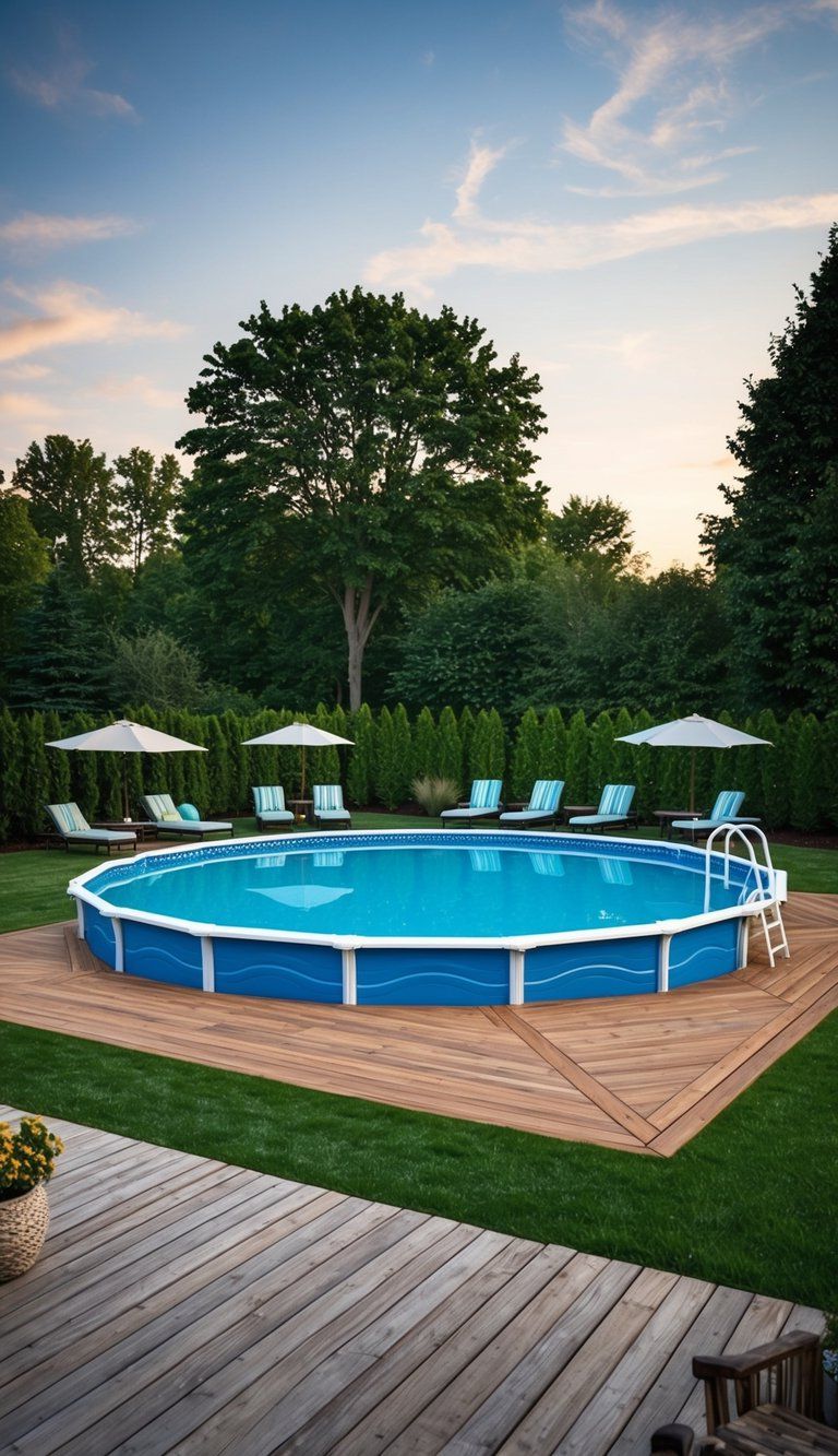 24 Inspiring Pool Deck Designs 13 A spacious backyard with a 24-foot above ground pool surrounded by pressure-treated wood decking, with lounge chairs and umbrellas for relaxation