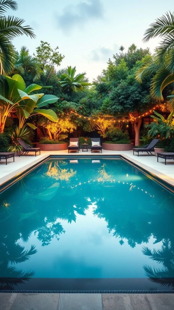 A tranquil rectangular swimming pool surrounded by lush greenery and soft lighting.
