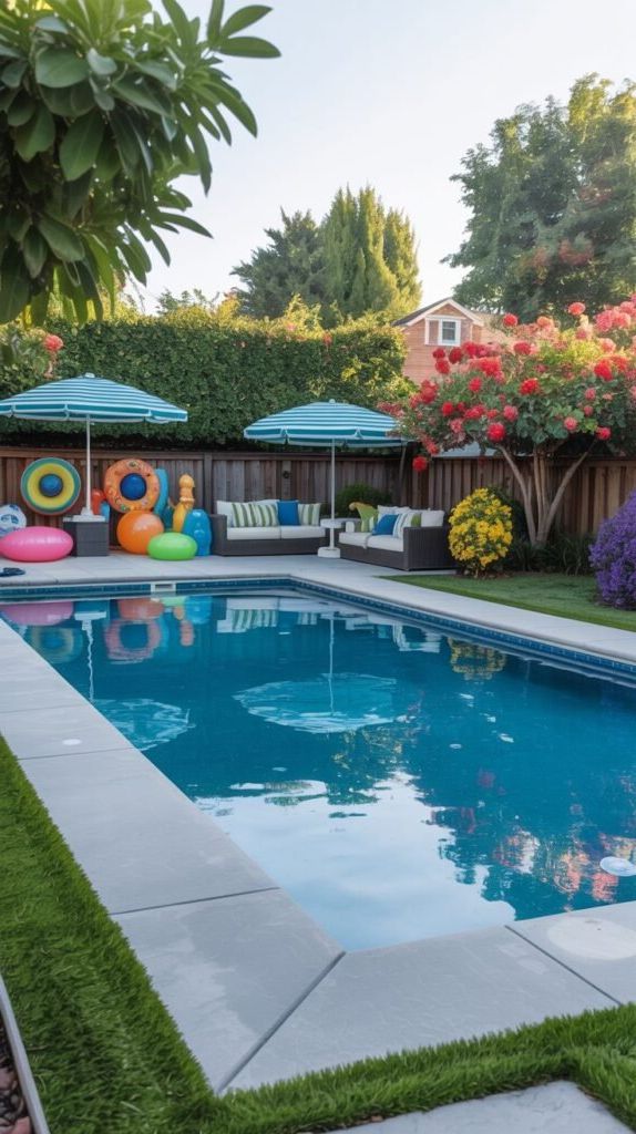 A rectangular pool is bordered by light grey coping and artificial turf in the foreground. The background features a grassy lawn with a wooden fence and lush landscaping with colorful flowers and bushes. Two striped umbrellas shade an outdoor sofa and chairs, and various pool floats are piled nearby.