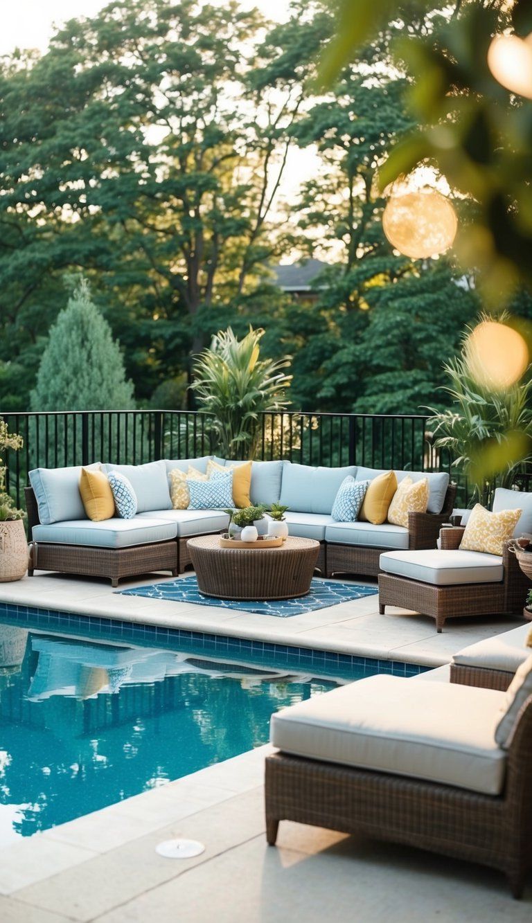 17 Creative Decorating Ideas 8 A cozy conversation nook on a pool deck, with plenty of seating options and decorative elements to create a relaxing and inviting atmosphere