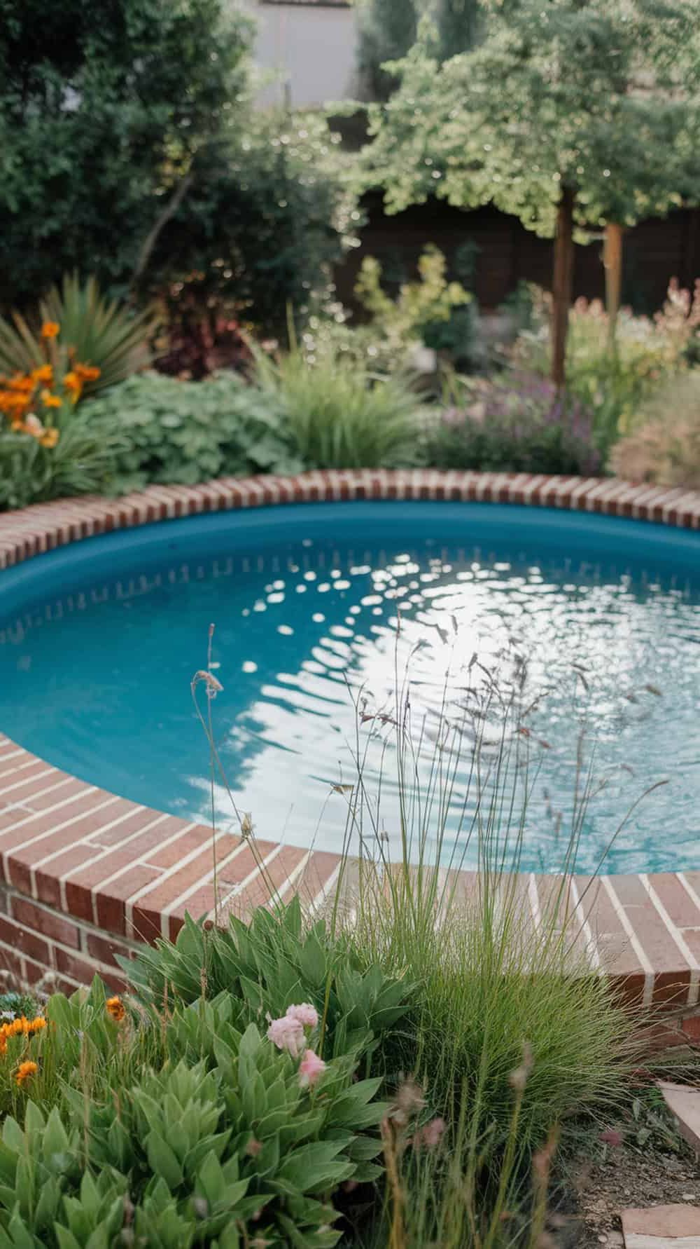 A round pool with a brick border surrounded by plants and flowers.