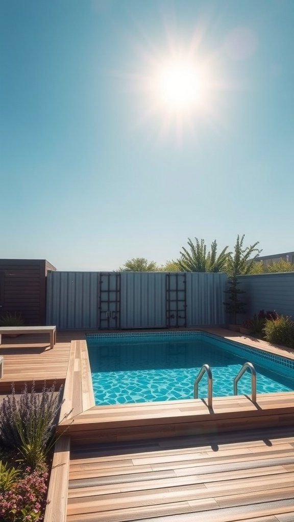Rectangular swimming pool made from an old shipping container, surrounded by wooden decking and bright sunlight.