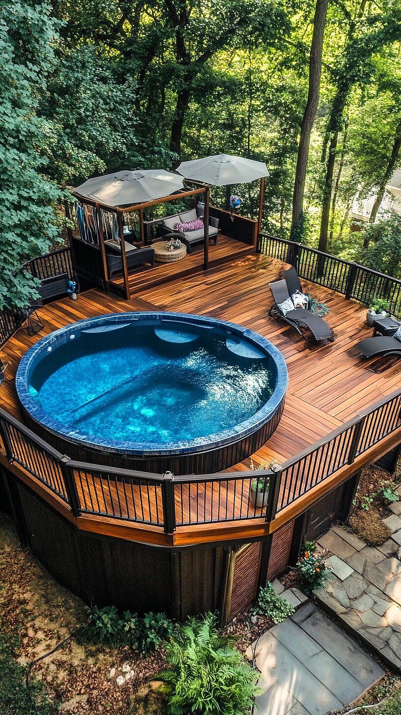 20+ Unique Above Ground Pool Ideas 2025 17 A serene nature retreat featuring a wooden deck with a round pool amidst a lush green forest. Lounge chairs and shaded seating areas with large umbrellas provide a relaxing atmosphere.