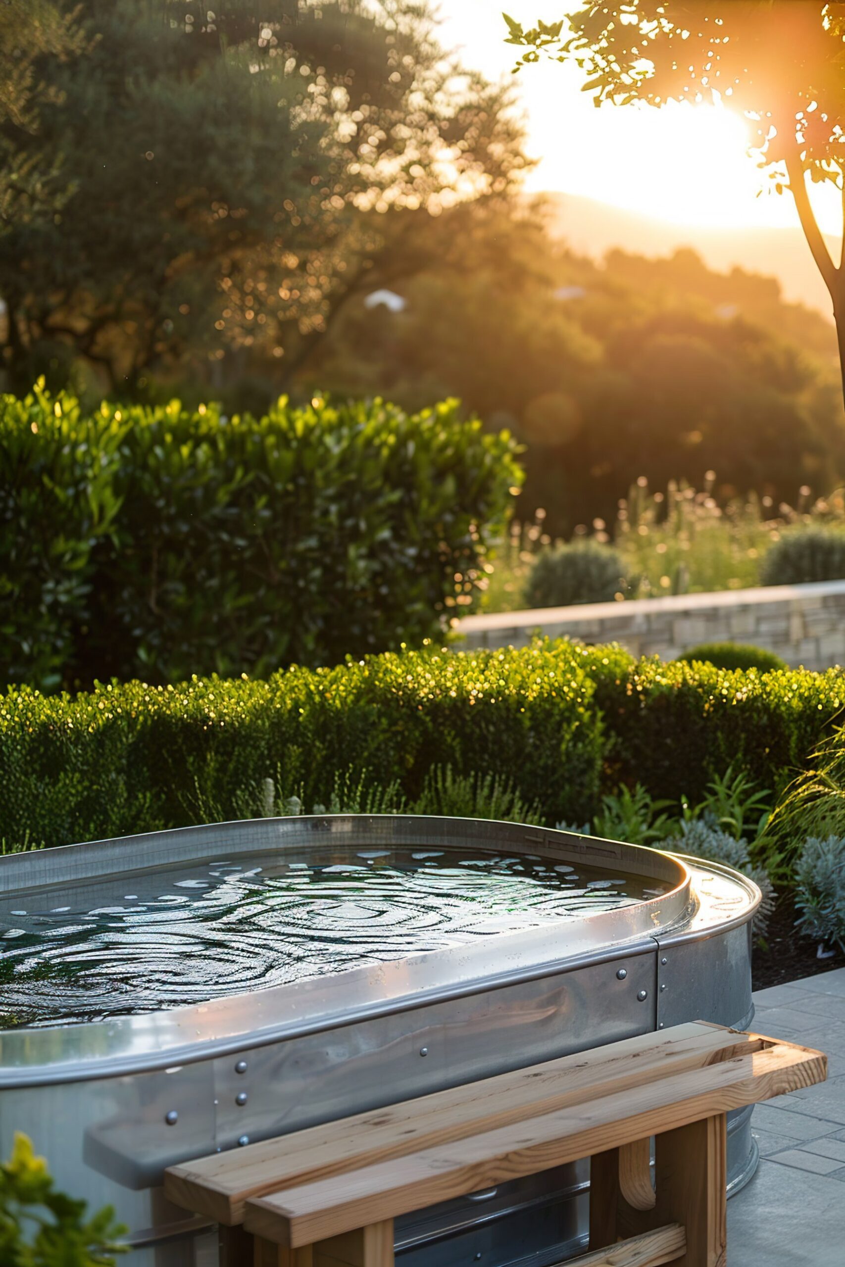 10 Dreamy Stock Tank Pool Bench Ideas 83 Outdoor hot tub with calm water, surrounded by lush garden scenery, under a warm sunset sky.