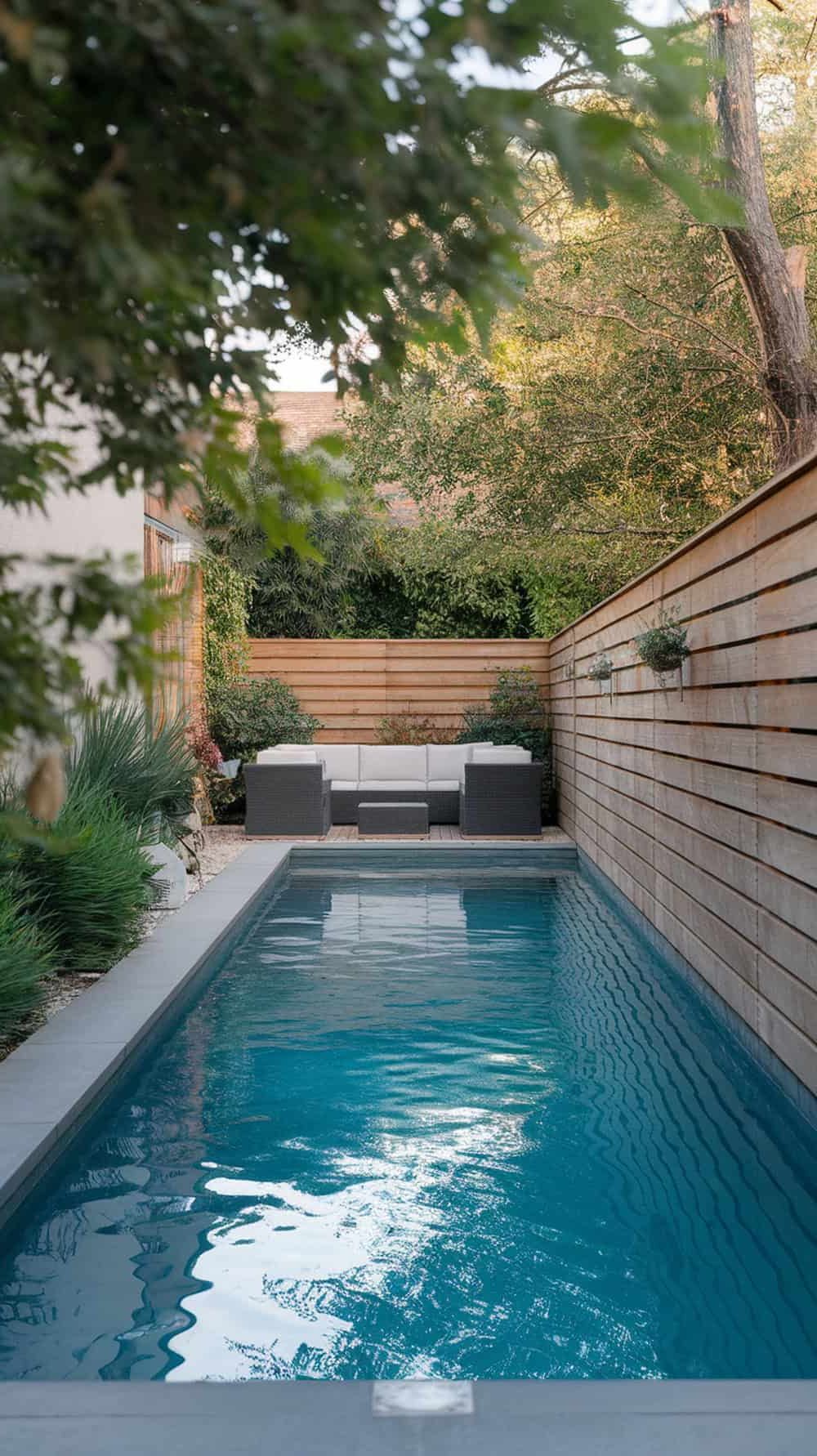 A narrow lap pool next to a wooden fence with seating and plants around it.