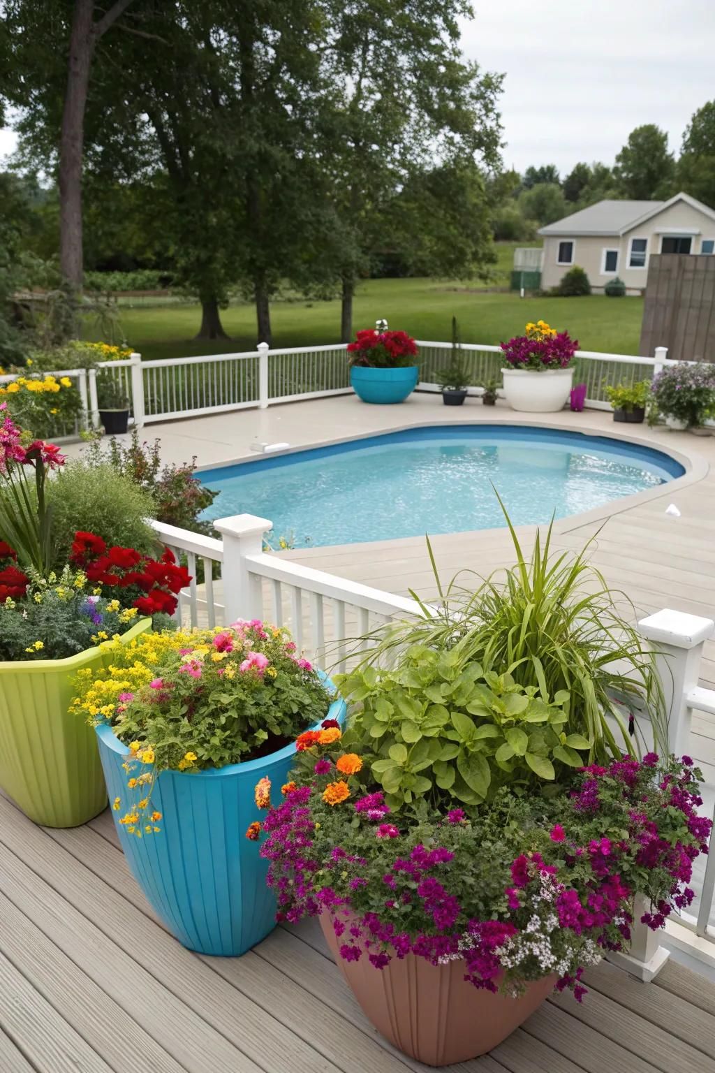 Planters bring color and vibrancy to your pool deck effortlessly.