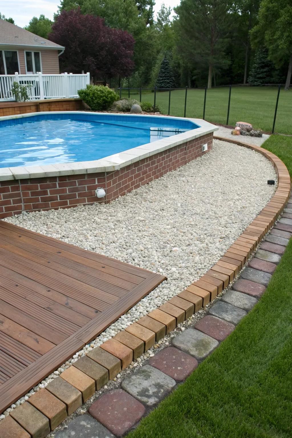 Contrasting gravel with bricks creates a visually appealing, budget-friendly deck.