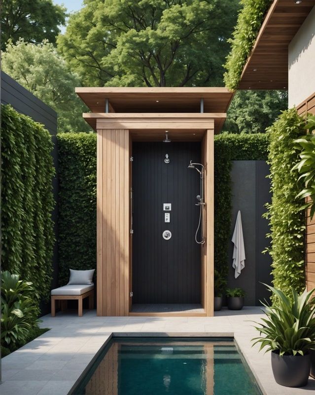 Revamp Your Poolside Paradise: 20 Cabana Ideas 8 Outdoor Shower and Changing Room Combo