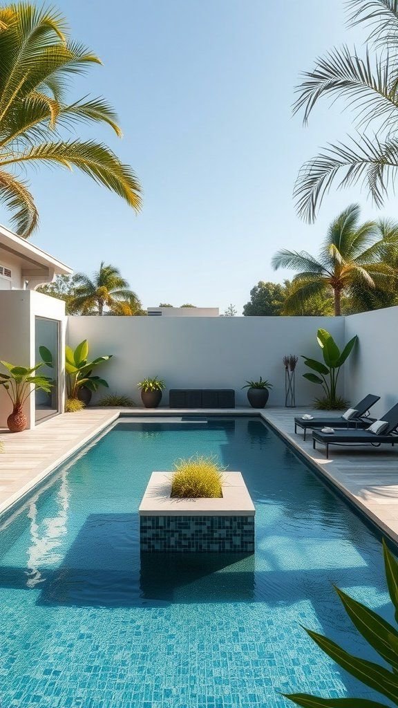 A modern cocktail pool surrounded by greenery and lounge chairs