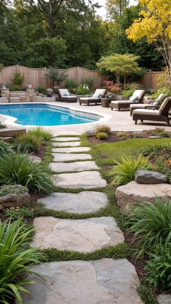 A backyard with a stone path leading to a pool, surrounded by lush greenery and seating.