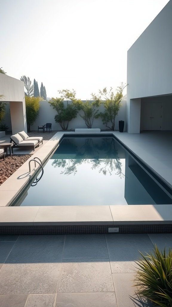 A minimalist rectangular swimming pool surrounded by neutral tiles and greenery.