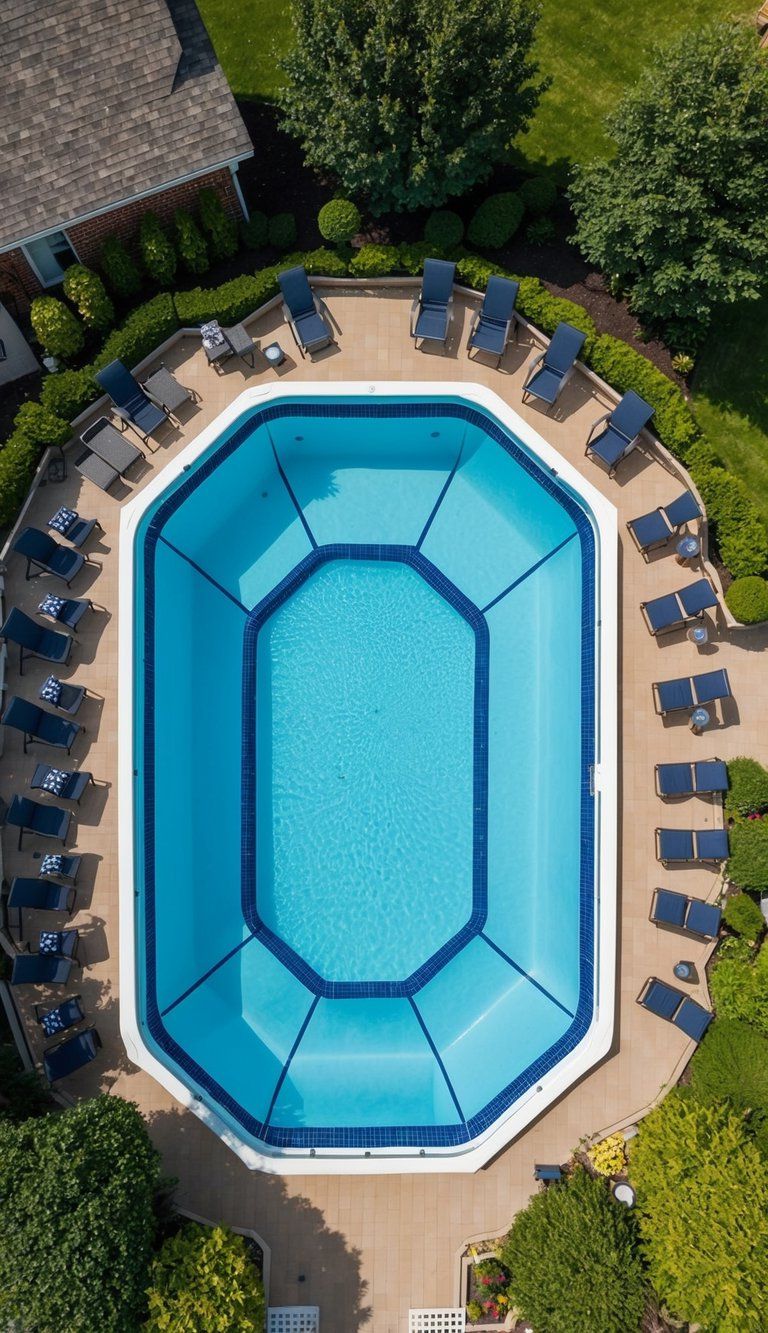 24 Inspiring Pool Deck Designs 22 Aerial view of 24 above ground pool decks with maintenance-free surfaces, surrounded by lush landscaping and lounge chairs