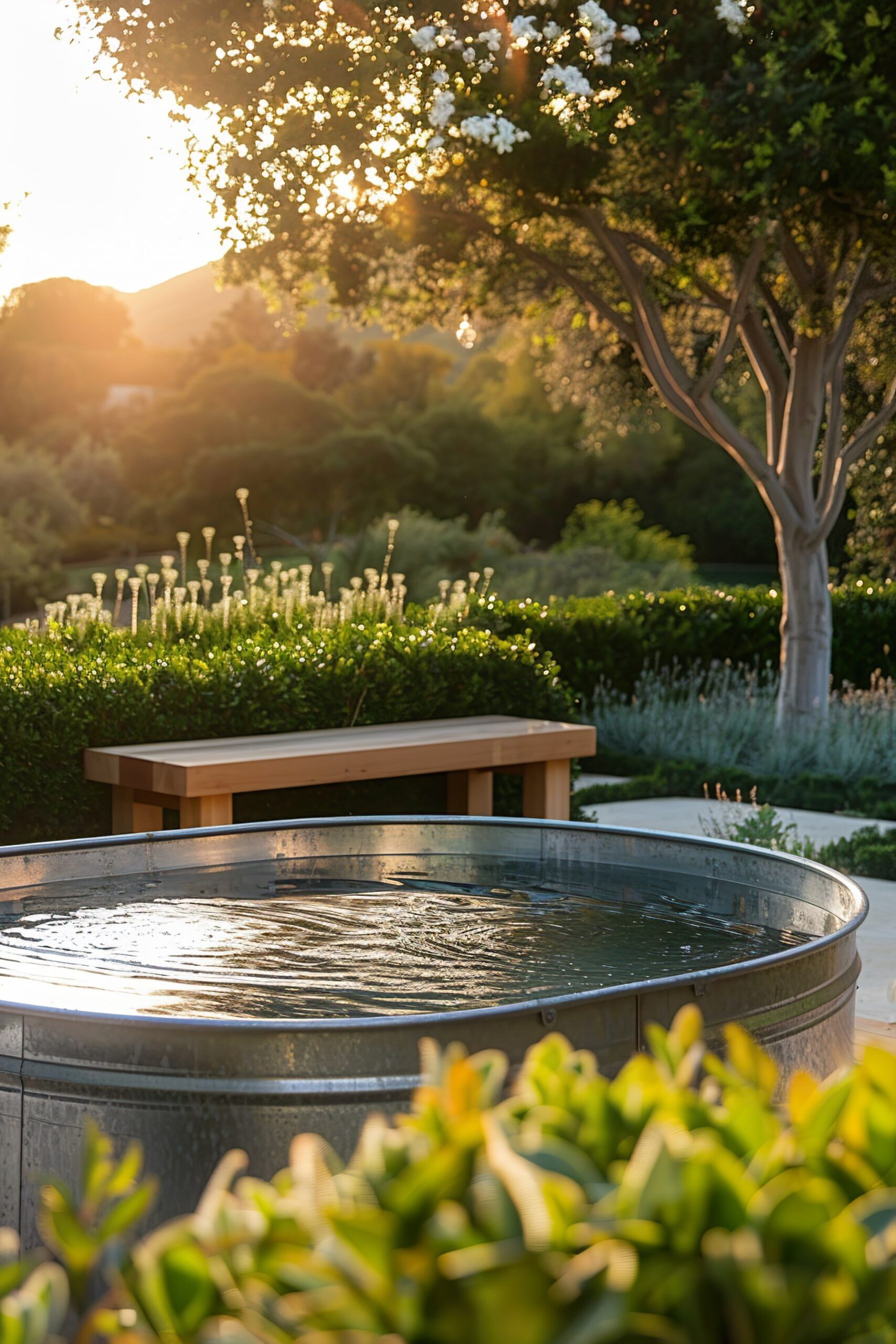10 Dreamy Stock Tank Pool Bench Ideas 70 A tranquil garden with a galvanized water trough in the foreground and a wooden bench amidst lush greenery, lit by warm sunset light.