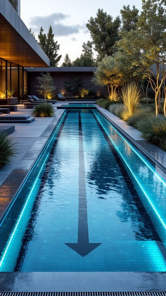 A modern lap pool with illuminated edges and a clean design, surrounded by lush greenery and outdoor seating.