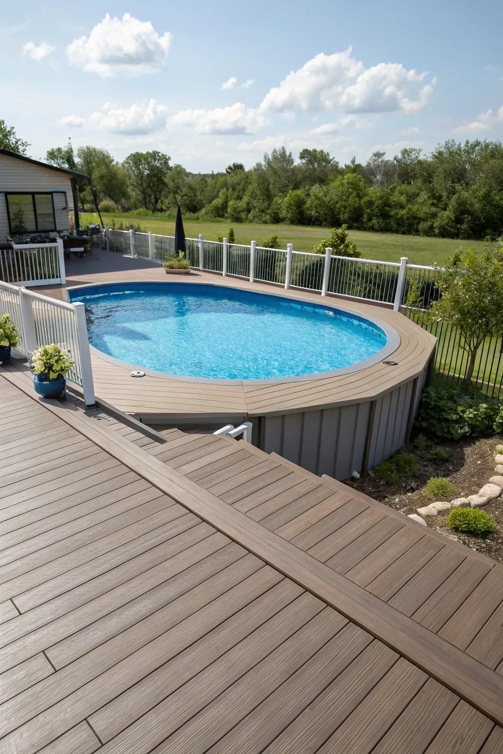 Composite decking offers a durable and stylish solution for your pool deck.