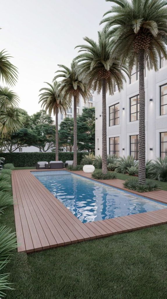 A long, rectangular pool is bordered by a wooden deck and grass. Four tall palm trees stand in a line next to the pool, in front of a large white building with multiple windows. Outdoor seating is arranged on the wooden deck.