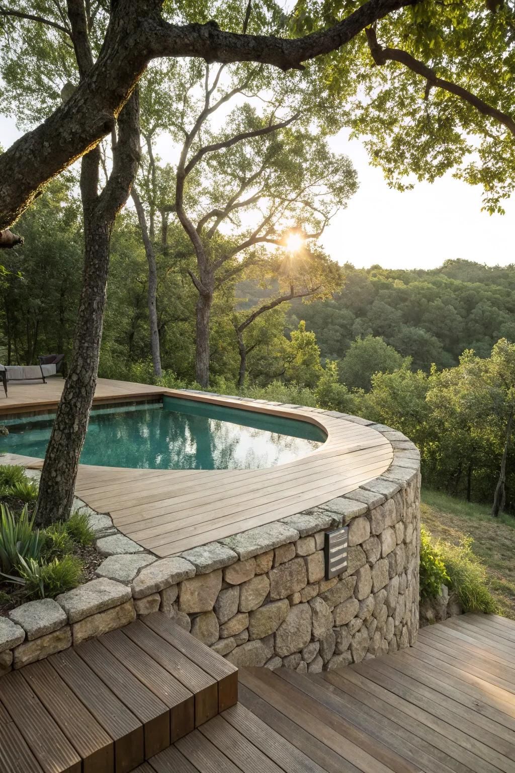 Stone and wood create a textured, natural look for your pool deck.