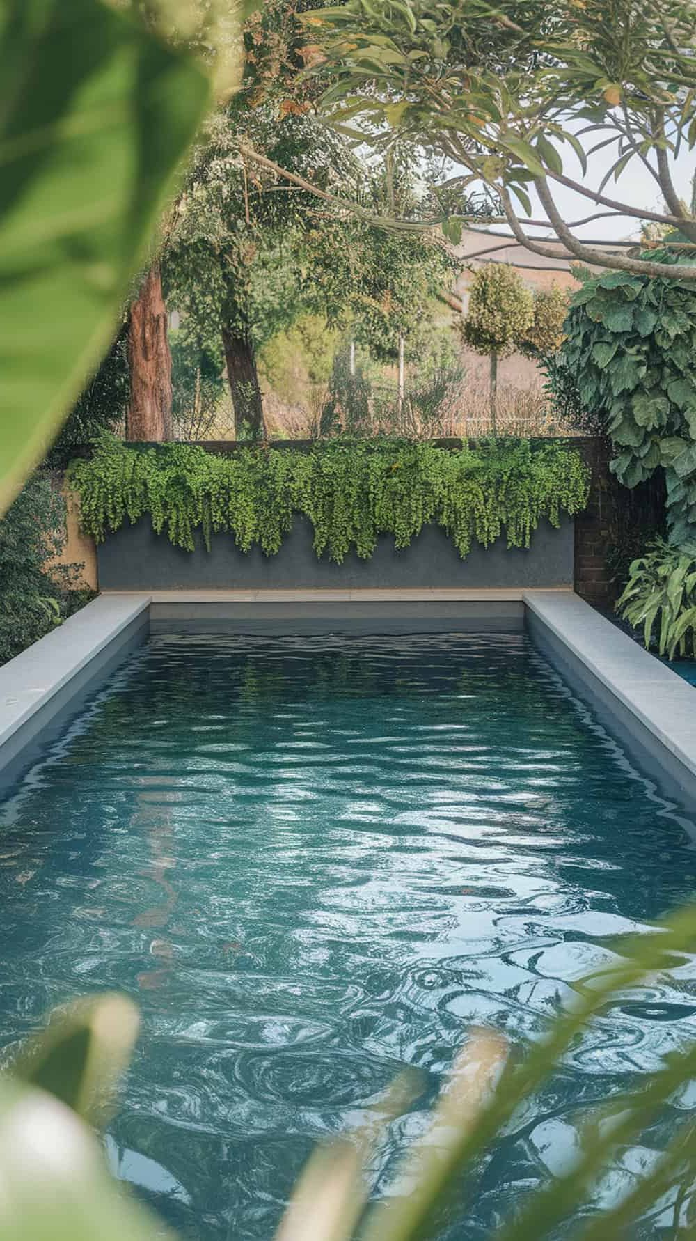 A rectangular pool surrounded by planters filled with greenery.