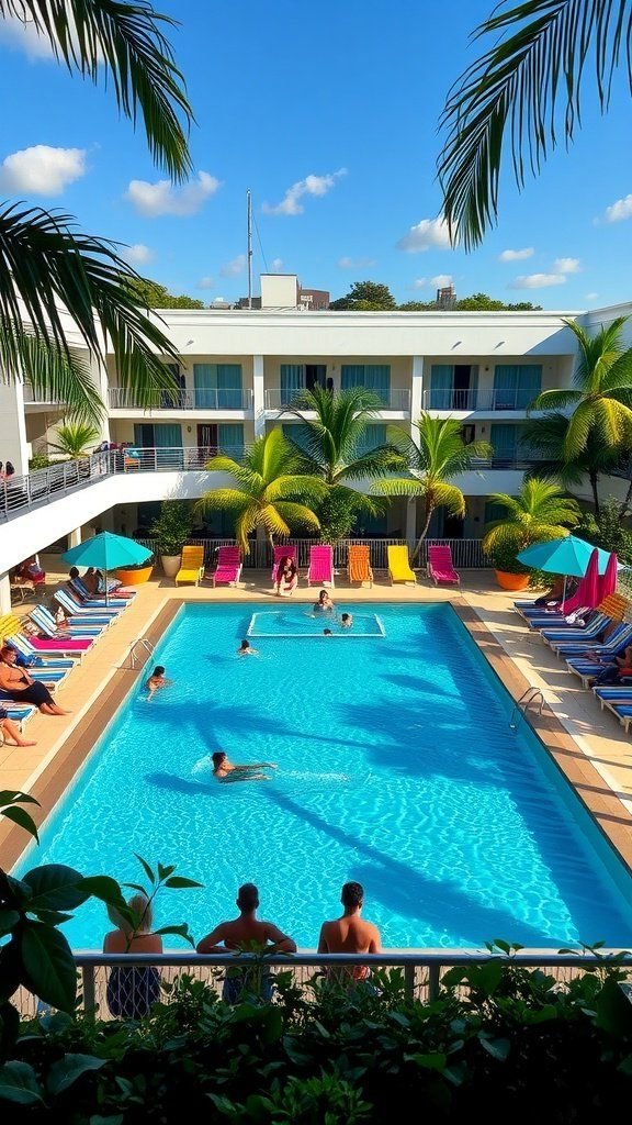 A vibrant club pool scene with colorful loungers and people enjoying the water.