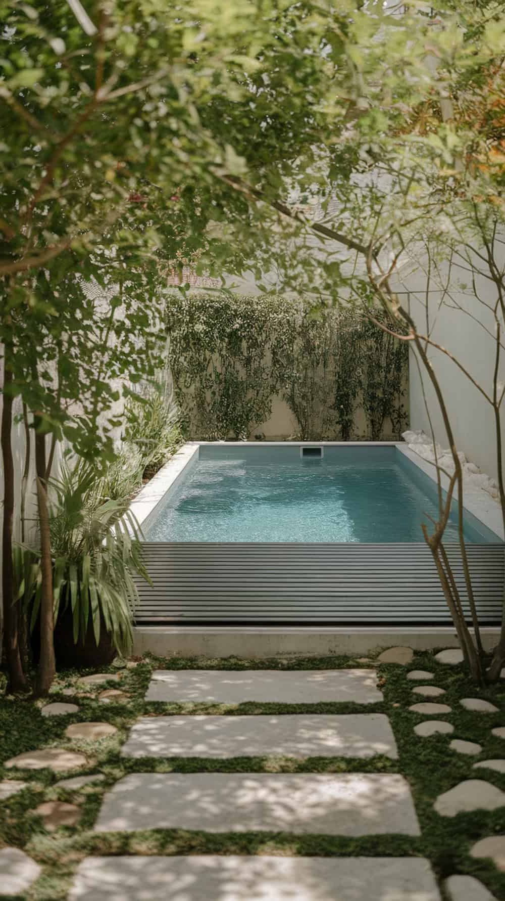 A small hidden pool with a sliding deck cover, surrounded by greenery and stone pathways.