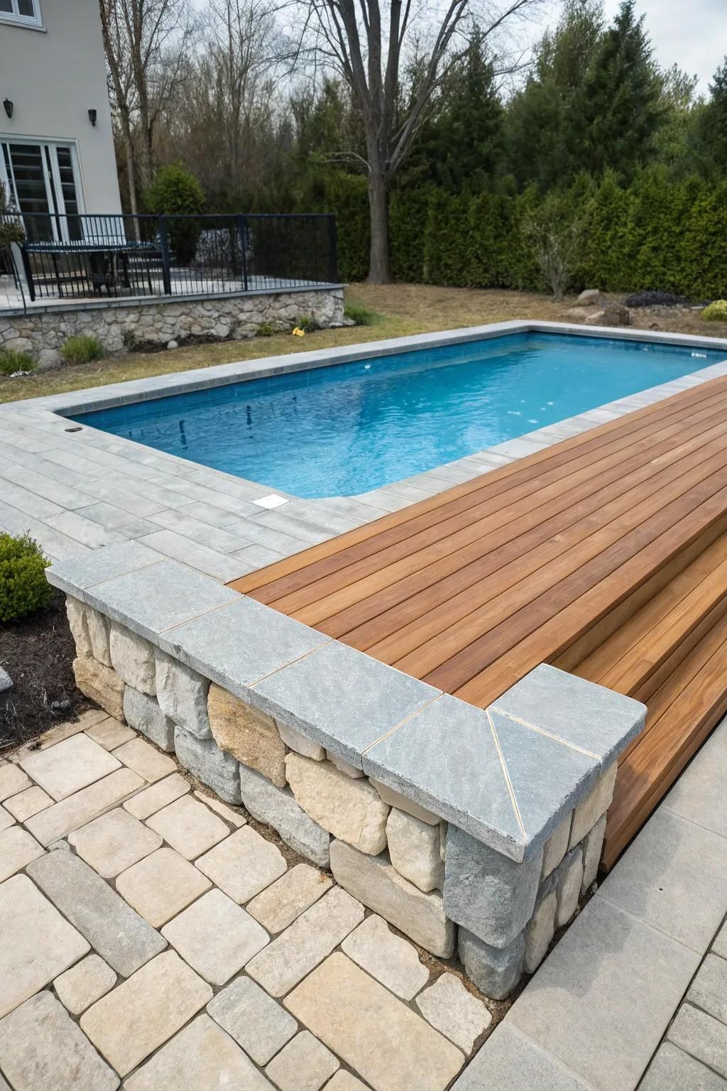 Contrasting materials add depth and visual interest to your pool deck.
