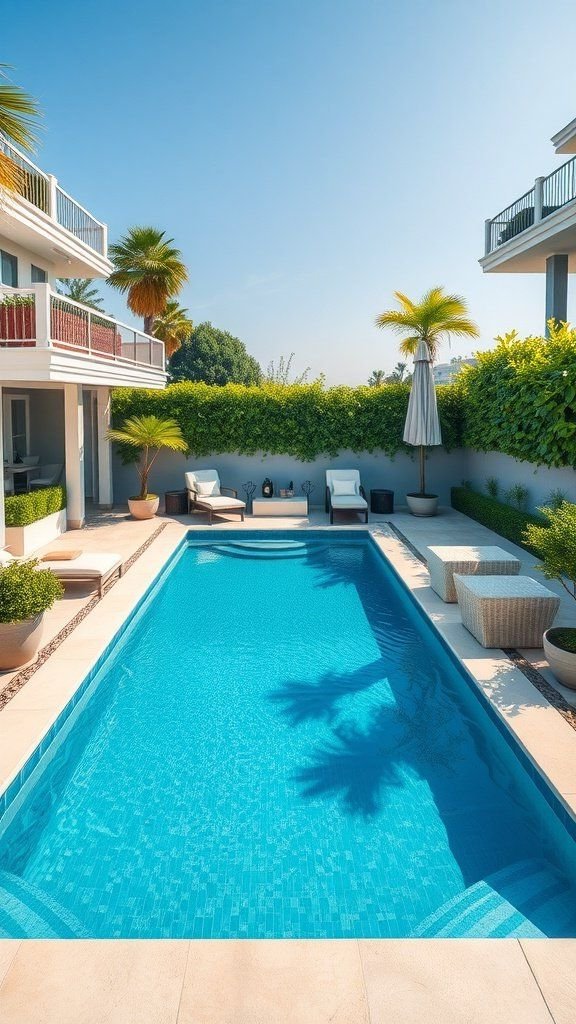 A luxurious rectangular inground pool surrounded by lounge chairs and palm trees in a sunny backyard.