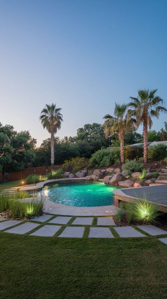 A kidney-shaped pool is set into a landscaped hill with large rocks and greenery. Tall palm trees are visible behind the pool, and stepping stones are laid across a grassy area leading away from the pool. The sky above is a gradient from blue to purple, suggesting twilight or early morning.