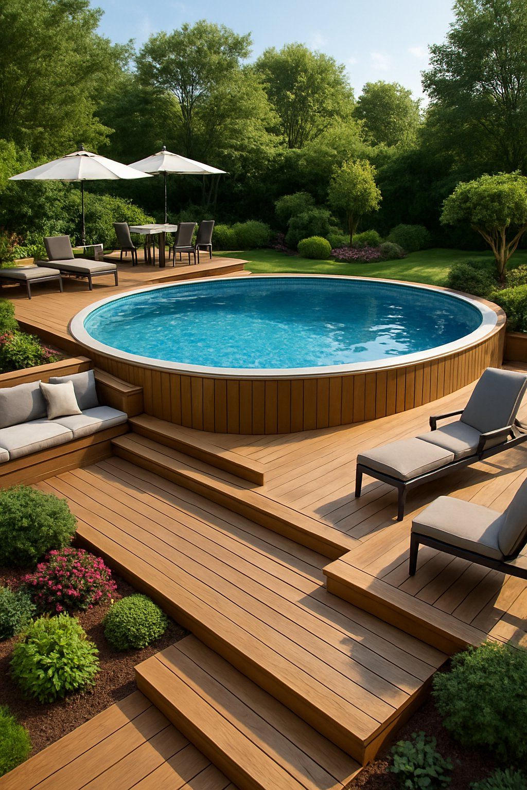 24 Inspiring Pool Deck Designs 3 A spacious multi-level deck surrounds an above ground pool, with various seating areas and landscaping