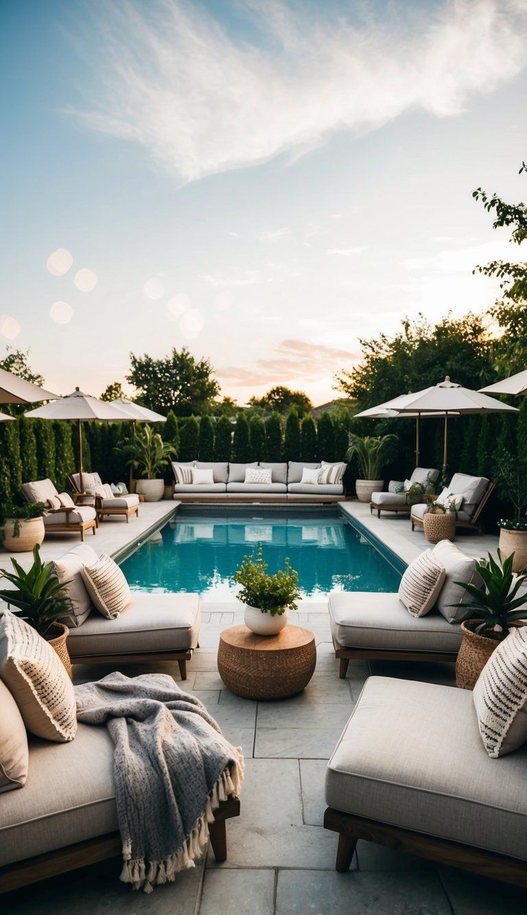17 Creative Decorating Ideas 4 Cozy seating areas arranged around a pool, with cushions, throws, and potted plants for comfort and relaxation