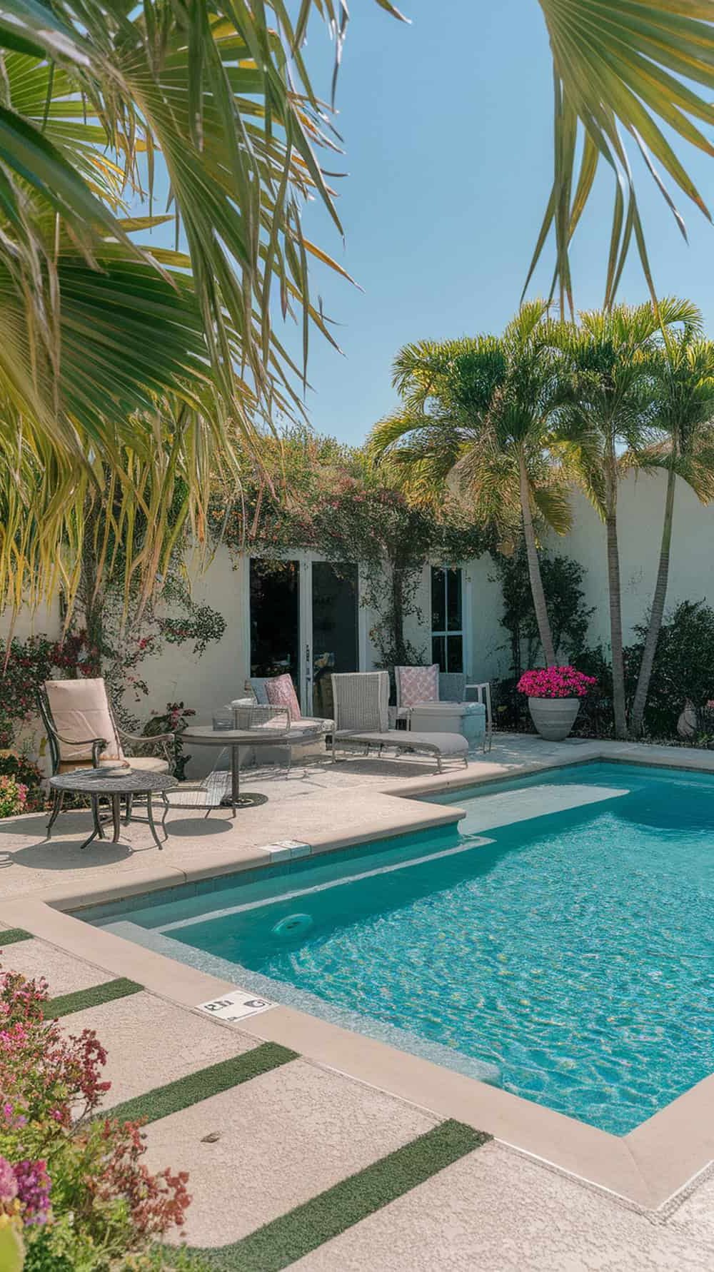 L-shaped pool with a cozy patio area surrounded by flowers and greenery