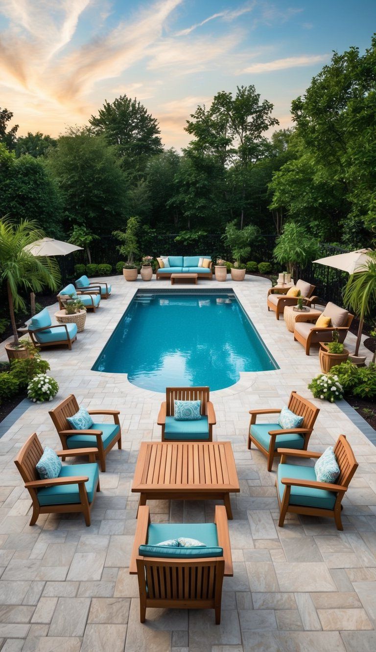 17 Creative Decorating Ideas 16 A spacious pool deck with a variety of natural and composite wood furniture, surrounded by lush greenery and adorned with decorative accents
