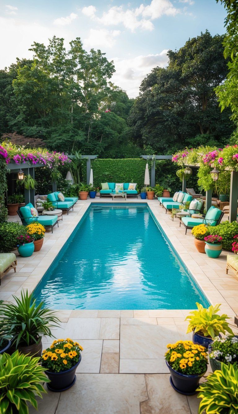 24 Inspiring Pool Deck Designs 21 A vibrant pool deck surrounded by lush greenery and colorful flowers, with multiple seating areas and a variety of potted plants