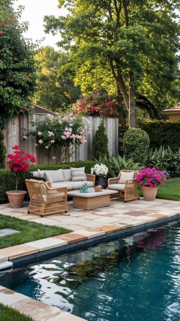 A rectangular pool is bordered by tan stone coping and a patio area with outdoor wicker furniture, including two chairs and a sofa around a coffee table. The background features lush trees, a wooden fence, and flowering bushes with pink and red blooms.