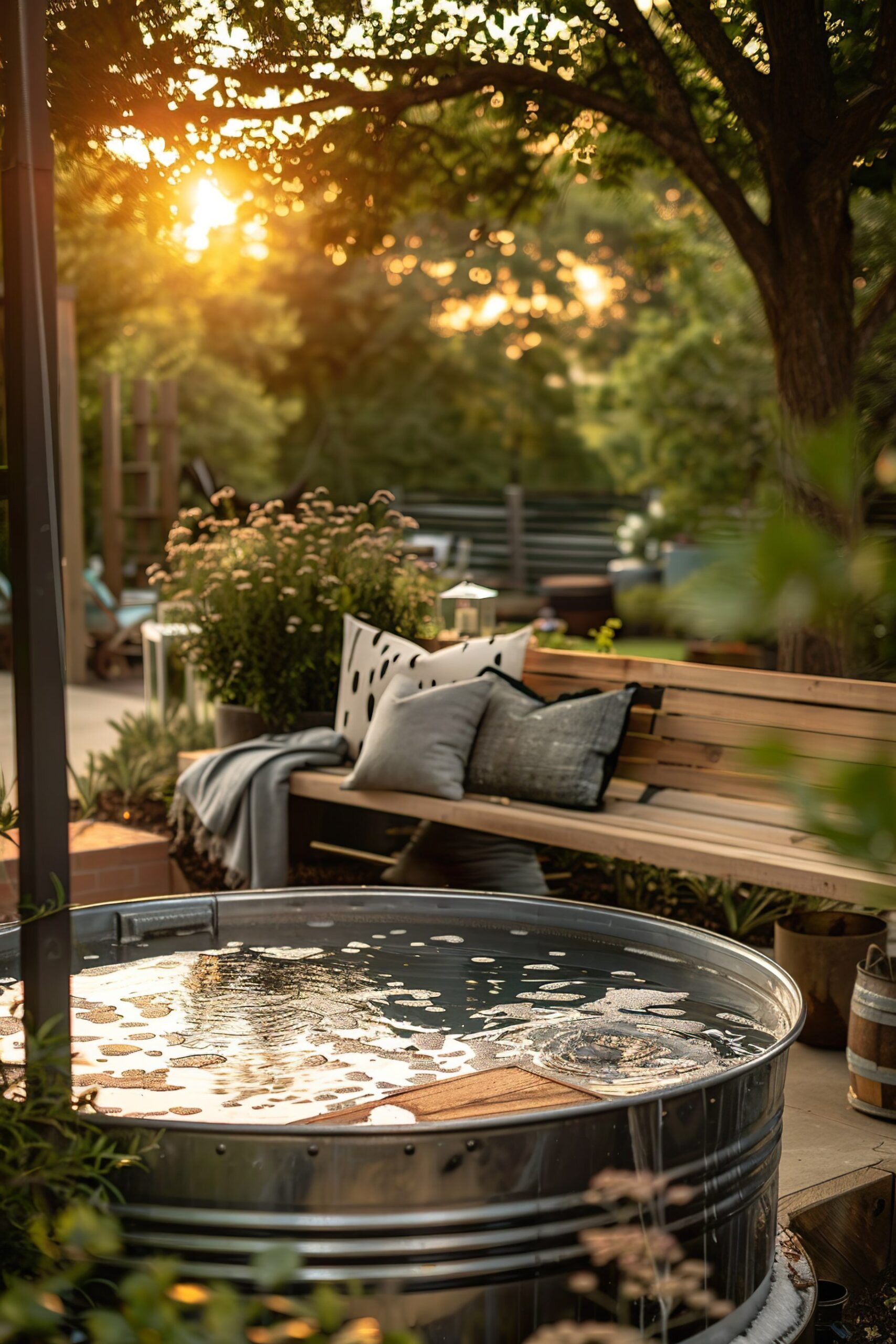 10 Dreamy Stock Tank Pool Bench Ideas 76 A cozy backyard corner with a wooden bench, cushions, plants, and a water feature, bathed in warm sunlight filtering through tree leaves.