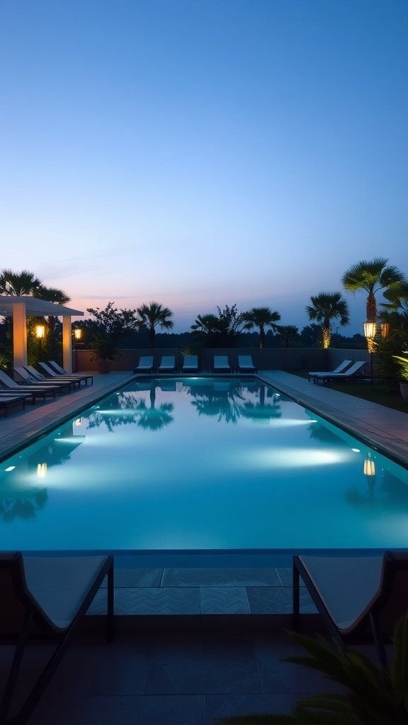 A tranquil rectangular swimming pool at twilight with soft lighting and lounge chairs