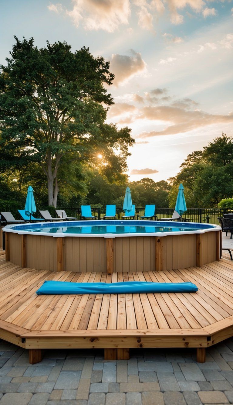 24 Inspiring Pool Deck Designs 9 A wooden freestanding deck surrounds an above ground pool, with lounge chairs and umbrellas scattered around the perimeter
